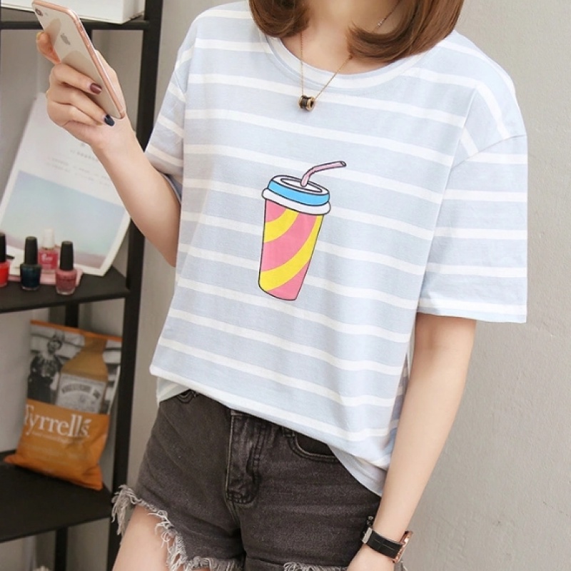 LH.Sunday🍀 เสื้อยืดลายแก้วน้ำปาร์ตี้สุดๆ เสื้อสีพื้นลายทางใส่คู่กับขาสั้นอย่างสวย - รูปที่ 3