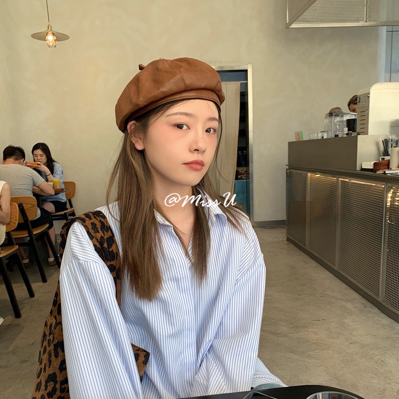 หมวกเบเร่ต์หนังสไตล์วินเทจเกาหลีแฟชั่นฤดูใบไม้ร่วงฤดูหนาว