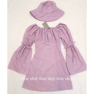 Set มินิเดรสปาดไหล่แขนยาวพร้อมหมวก เสื้อญาญ่า ใส่ไปทะเล เดรสสไตล์เกาหลี