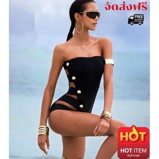 ชุดว่ายน้ำ แบบวันพีชสีดำเซ็กซี่สไตล์ Tube top swimsuit black style sexy lady