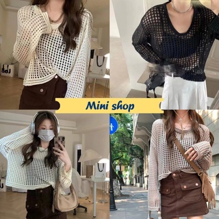 Mini shop🌸พร้อมส่ง🌸(73178-1) เสื้อถักไหมพรมแขนยาว ตาข่ายเบาๆซี่ทรูกำลังมาแรง ต้องมีนะ