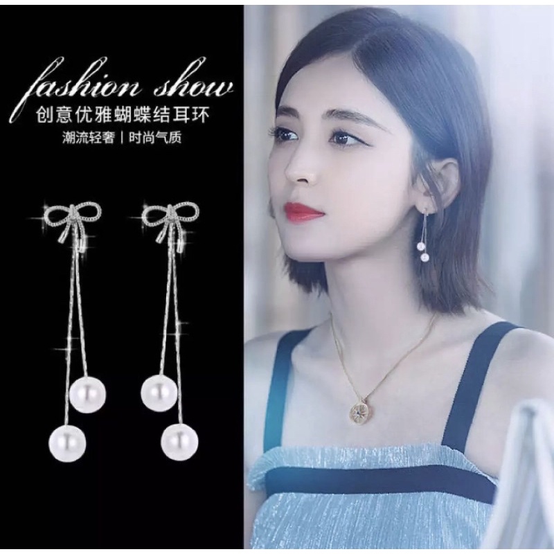 ต่างหูแฟชั่นสไตล์เกาหลี แต่งโบว์ ต่างหุมุก สวยหรู สีเงิน พร้อมส่ง