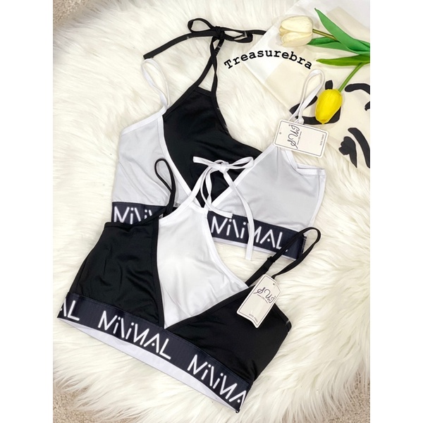 บราสายเดี่ยว (black&white)งานสกรีน MINIMAL แบบผูกคอ บราแฟชั่น สปอร์ตบรา บราออกกำลังกาย ครอป บราโยคะ สายปรับได้ มีฟองน้ำ