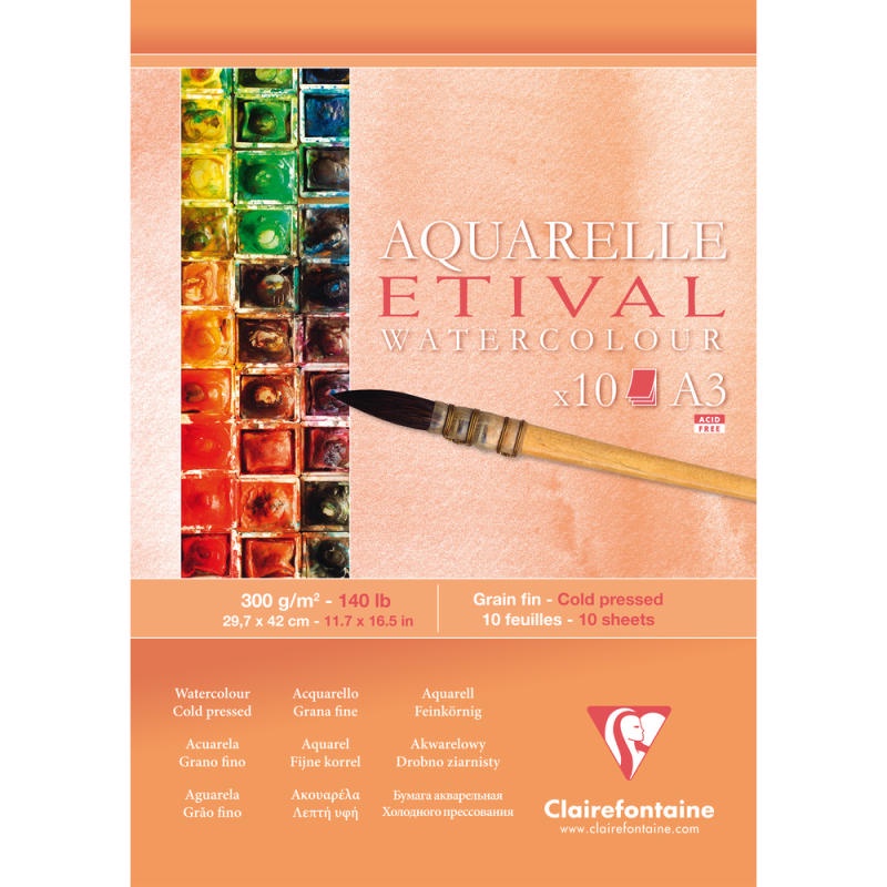 Clairefontaine กระดาษวาดเขียน สีน้ำ ผิวกึ่งหยาบ 300 แกรม A3 Etival Glued pad A3 ColdPress300g 10 she