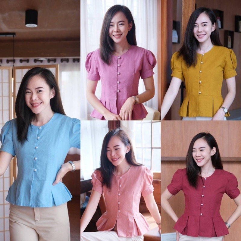 เสื้อพื้นเมืองคอกลมชายระบาย งานแต่งกระดุมมุกแขนตุ๊กตา ผ้าไทย