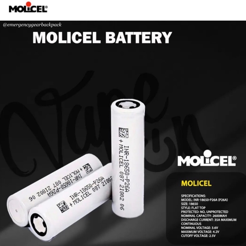 Molicel P26A INR18650 2600mAh 3.6V 35A High-drain-Li-ion battery