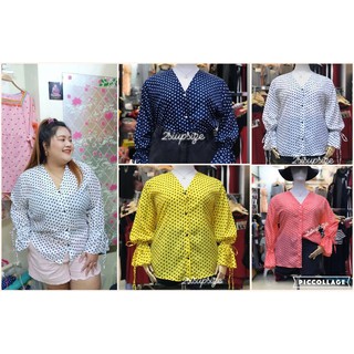 เสื้อผ้าคนอ้วน เสื้อลายรูปหัวใจ ดีเทลแต่งกระดุมหน้า