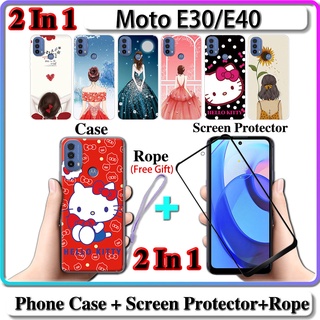 2 IN 1 เคส Motorola Moto E30 E40 เคส พร้อมกระจกนิรภัยกันรอยหน้าจอโค้ง เซรามิค สําหรับเด็กผู้หญิง และคิตตี้