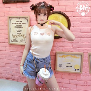 พร้อมส่ง : เสื้อยืดเว้าไหล่แขนกุดสีขาวแฟชั่นน่ารักๆ ฉลุลายหัวใจ