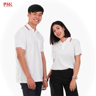 เสื้อโปโล สีขาว ขลิบแดง-เทา PC090 - PMK Polomaker