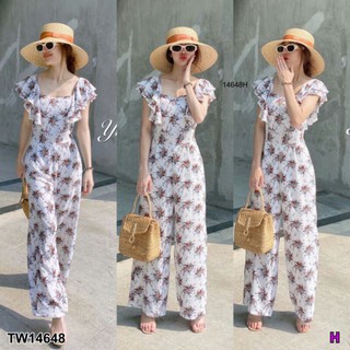 Jumpsuit จั๊มสูทขายาว ระบายแขน 2 ชั้น งานมีซิปหลังยาวสวมใส่ง่าย มีกระเป๋าข้างกางเกง