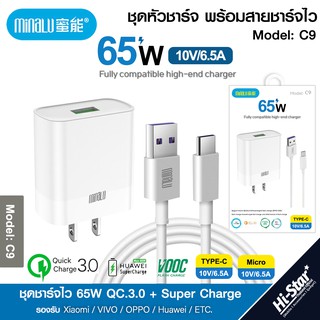 ชุดชาร์จ Minalu หัวชาร์จ 65W QC.3.0+Super Charge+Vooc Charge ชุดชาร์จเร็ว Type-C/Micro 6.5A ของแท้ 100%