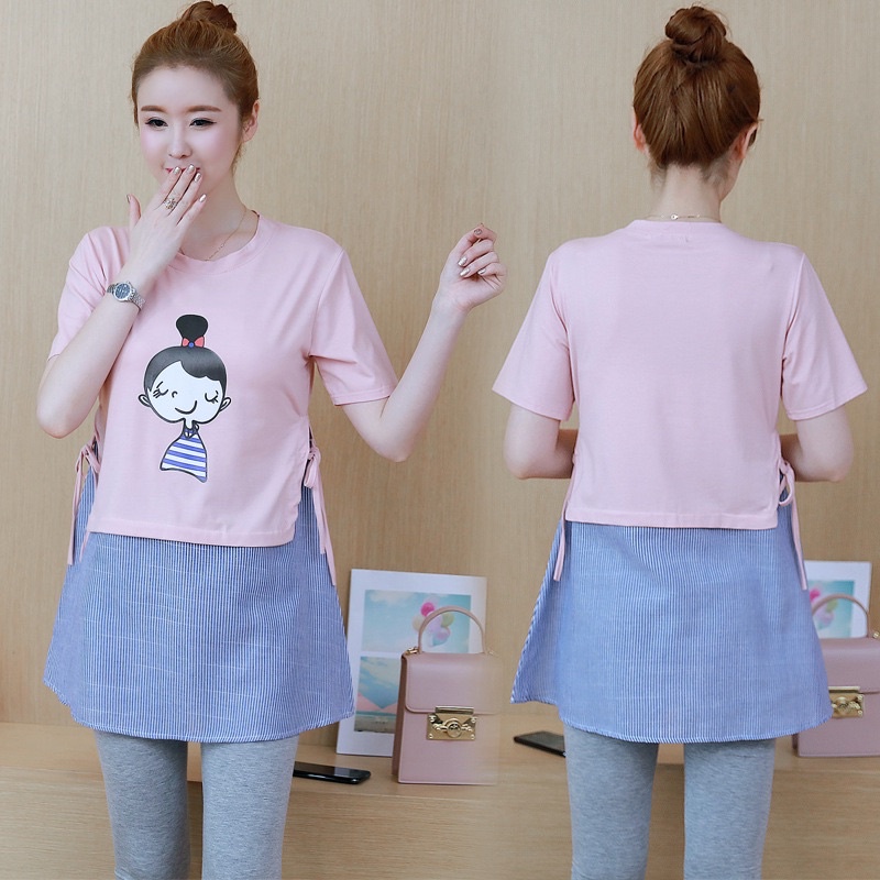 เสื้ออย่างเดียวช่วงบนผ้ายืดสกรีนลายต่อด้วยผ้าฝ้ายฟ้าสลับขาว