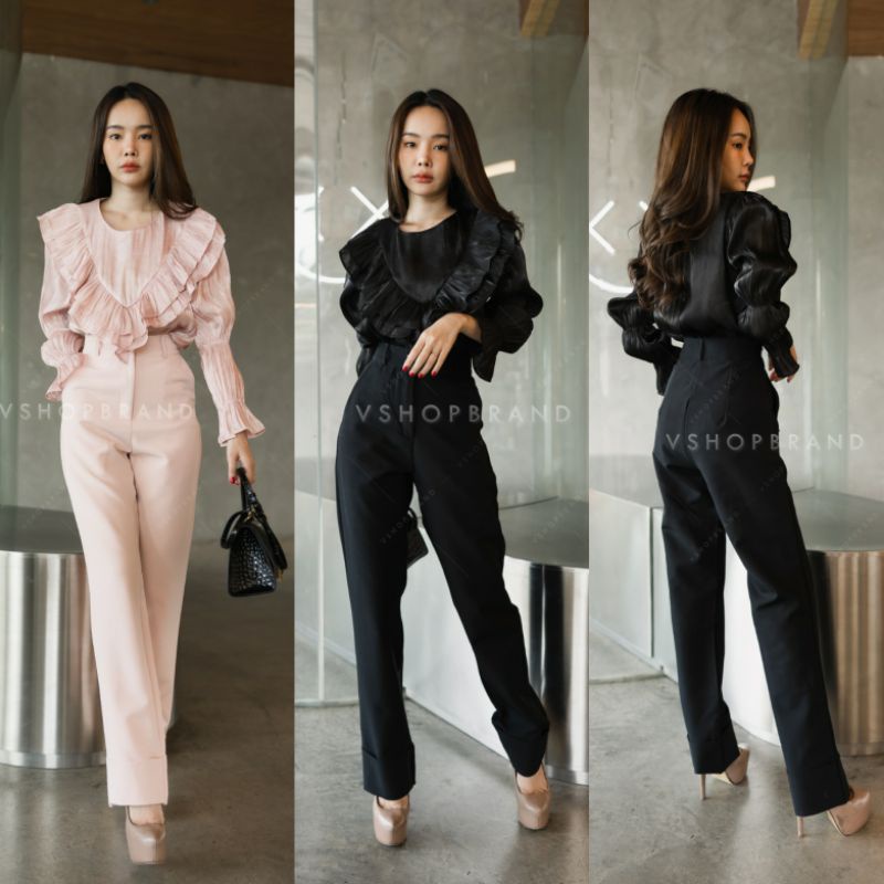 🏷️ VSHOPBRAND #4306 Set เสื้อแต่งระบาย+กางเกง ชุดเซ็ตขายาว ชุดทำงาน ออกงาน
