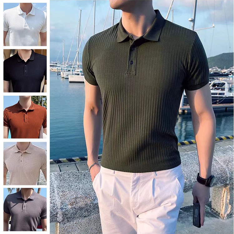 พร้อมส่ง M-3XL ฤดูร้อนเวอร์ชั่นเกาหลีเสื้อยืดโปโลแขนสั้นสีพื้นผู้ชาย ,ผ้าถักลายทางระบายอากาศแฟชั่นเสื้อยืดวินเทจมีพับคอ