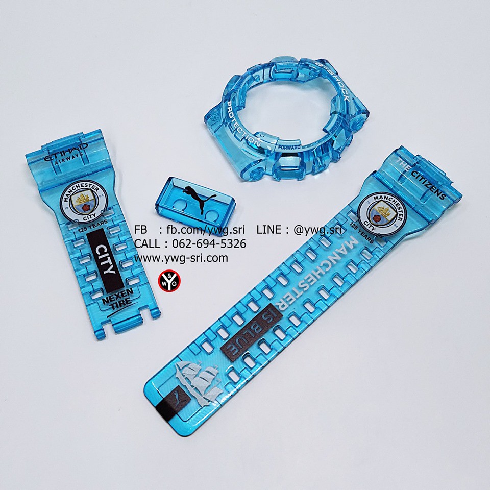 กรอบสาย G-SHOCK ใสไม่แท้ สีฟ้า สกรีนลาย Mamchester City ใส่ได้รับรุ่น GA-100,GA-110,GA-120,GD-100,GD