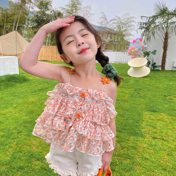 ชุดเอี๊ยมกระโปรง กางเกงขาสั้น แบบบาง แต่งลูกไม้ ลายดอกไม้ สวมใส่สบาย แฟชั่นฤดูร้อน สไตล์เกาหลี สําหรับเด็กผู้หญิง