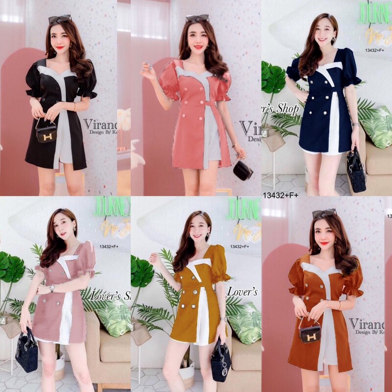 TwinsShopVip พร้อมส่ง TW13432 Set เสื้อแขนพอง ผ่าข้าง+กางเกงขาสั้น สีทูโทน