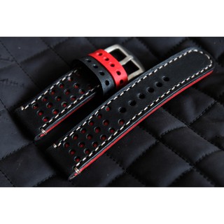 สายนาฬิกาหนังแท้ แนวRally racing strap สี  ดำแดง รุ่น D.O.T. watch strap สายนาฬิกา พร้อมบัคเคิล