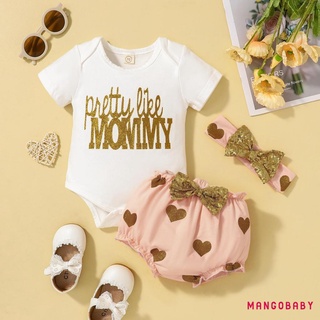 MG-Baby Girls Three Pieces Clothes Outfit, Letter Printed Short Sleeve Romper + Heart Printed Shorts + Headband