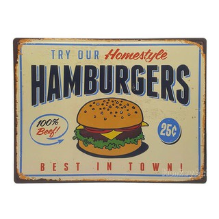 ป้ายสังกะสีวินเทจ Hamburgers Best In Town! (ปั๊มนูน), ขนาด 30x40 ซม