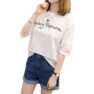 new เสื้อยืดแฟชั่นผู้หญิง แขน5ส่วน แต่งซีทรูลูกไม้ อกแต่งตัวหนังสือสวยเก๋ สไตล์เกาหลี รุ่น303