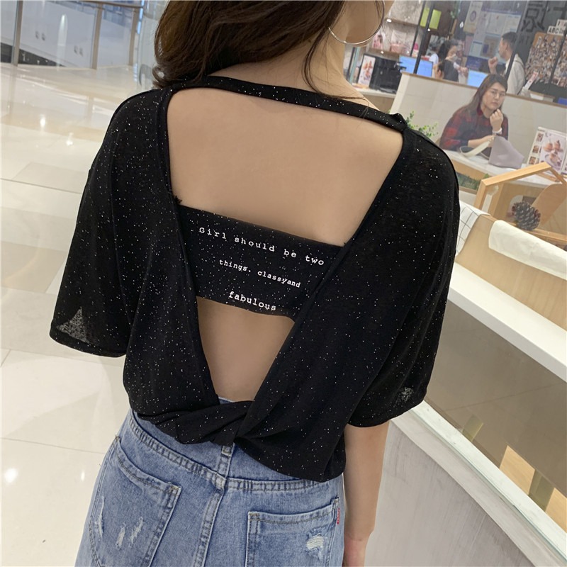 เสื้อยืดลําลอง แขนห้าส่วน เปิดหลัง พิมพ์ลายตัวอักษร ทรงหลวม ออกแบบดี แบบสวมหัว สําหรับสตรี