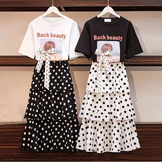 sunny.stroeชุดเซต 2 ชิ้น(เสื้อยืดแขนสั้น +กระโปรงลายจุด) สไตล์เกาหลีใหม่ เสื้อผ้าแฟชั่นใส่แล้วเย็นสบายวัยรุ่นสด