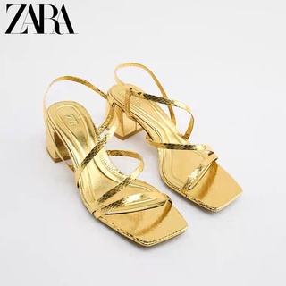 Zara ใหม่ รองเท้าส้นสูง ส้นหนา มีสายรัดข้อเท้า สีทอง เข้ากับทุกการแต่งกาย แฟชั่นฤดูร้อน สไตล์ฝรั่งเศส สําหรับผู้หญิง 2022