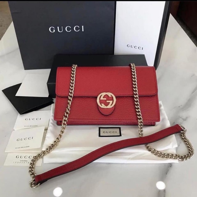 Gucci Interlocking GG Red Leather Crossbody Chain Woc  Wallet bag