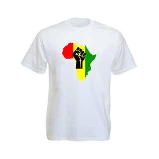 เสื้อยืดราสต้า Tee-Shirt Black Power Fist Pan African Colors เสื้อยืดสีดำสกรีนลายกำปั้นสีดำ บนพื้นหลังสีสัญลักษณ์ราสต้า