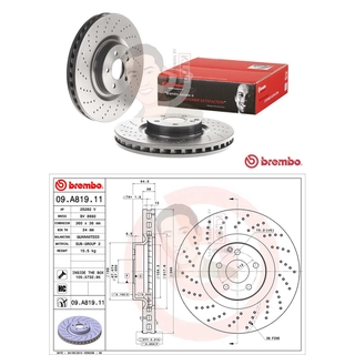 D09 A819 11 จานเบรค ล้อ F (ยี่ห้อ BREMBO) รุ่น HC UV Dr Benz W211 W221 R230/172 AMG ปี2003-&gt;***ราคาต่อข้าง