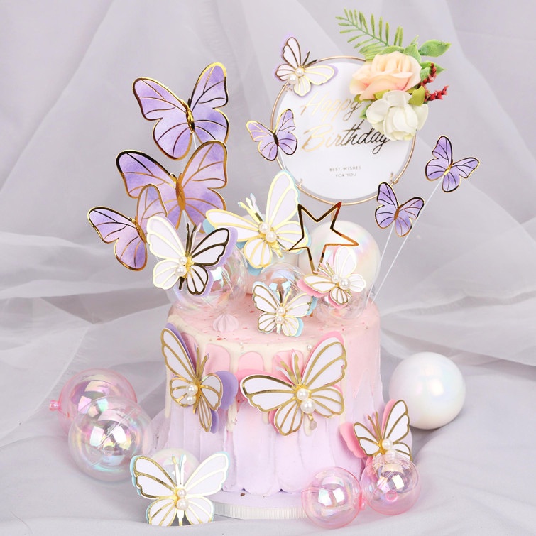 3/10 ชิ้น มุก ผีเสื้อ เค้ก ท็อปเปอร์ ที่มีสีสัน ทรงกลม ใส บอลเค้ก ท็อปเปอร์ ตกแต่งเค้ก สําหรับวันเกิด งานแต่งงาน นางฟ้า ปาร์ตี้