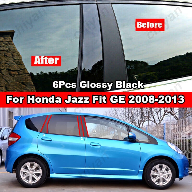 สติกเกอร์คาร์บอนไฟเบอร์ สีดําเงา สําหรับติดเสาประตูหน้าต่างรถยนต์ Honda Jazz Fit GD GE GK GS GR 2001-2022 6 ชิ้น