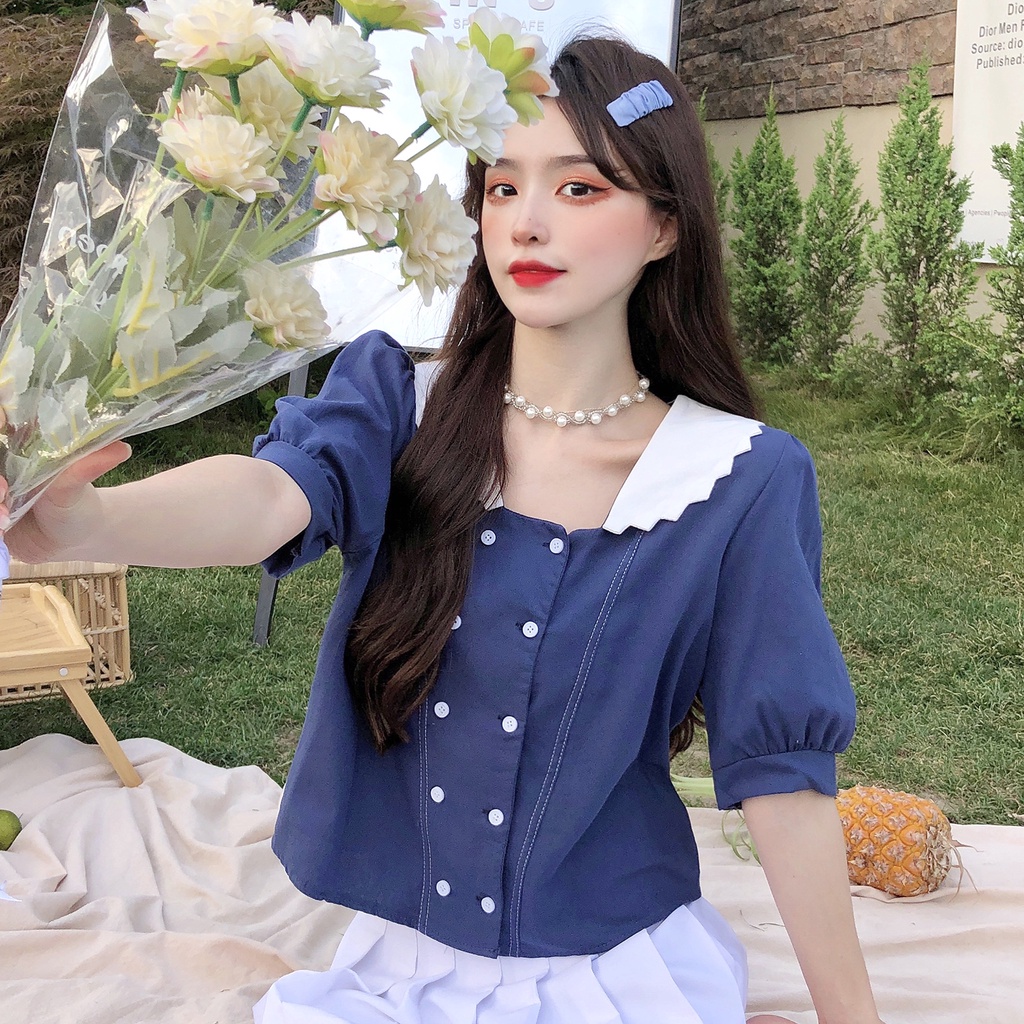 Fdg ฯลฯเสื้อคอปกตุ๊กตาสีคมชัดสไตล์เกาหลีแฟชั่นฤดูร้อน