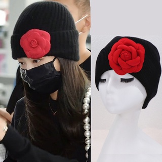 Blackpink Jennie Korean Beanies Casual Cute Red Camellia Knitted Hat