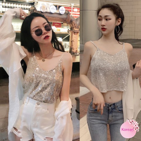 Korean Fashionเสื้อสายเดี่ยวคอวี งานสวย ปักเลื่อมทั้งตัว
