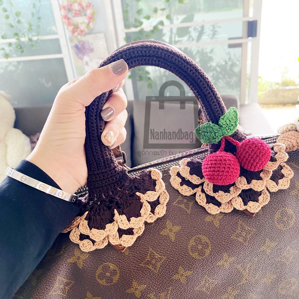 หูถักกระเป๋า สำหรับ Speedy หรือรุ่นใกล้เคียง สีน้ำตาลเข้ม ขอบน้ำตาลอ่อน (แถมเชอร์รี่2ลูก) ความยาวซิป10นิ้ว กว้าง 2นิ้ว ( - รูปที่ 2