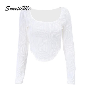 Sweeticme ใหม่ เสื้อยืดลําลอง แขนยาว ทรงสลิมฟิต สีพื้น เซ็กซี่ แฟชั่นสําหรับสตรี 2022