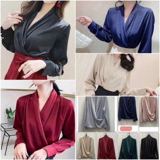 เสื้อแขนยาว ซาติน สีพื้น คอวี ทรงป้าย ไซส์ 40" Satin Blouse เสื้อทำงาน เรียบหรู ผ้าเกรดพรีเมียม