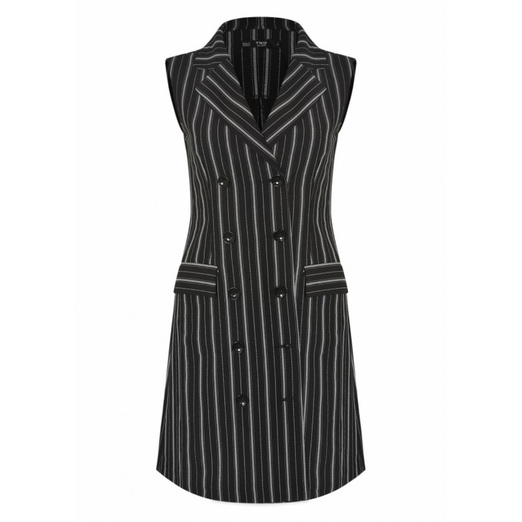 ชุดเดรสคอปกเสื้อกั๊กเรยอนลายทางสีดําสําหรับผู้หญิง V532 WOMEN TNG