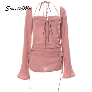 Sweeticme ชุดเดรส สายคล้องคอ ฉลุลาย สีพื้น สําหรับผู้หญิง 202