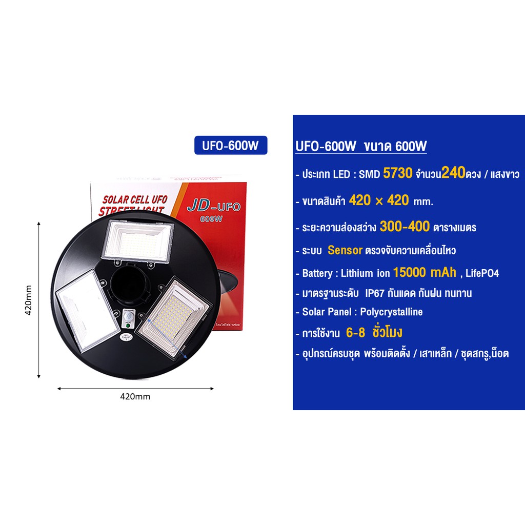 ๊UFO600W ขนาด 600วัตต์ โคมไฟถนน 3ทิศทาง พลังงานแสงอาทิตย์ แผงโซล่าเซลล์ในตัว มีรีโมท ควบคุมเปิดปิดอั