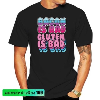 เสื้อยืดแขนสั้นลําลอง คอกลม ผ้าฝ้าย ทรงหลวม พิมพ์ลาย Bacon Is Rad Gluten Is Bad สไตล์คลาสสิก สําหรับผู้ชาย และผู้ใหญ่