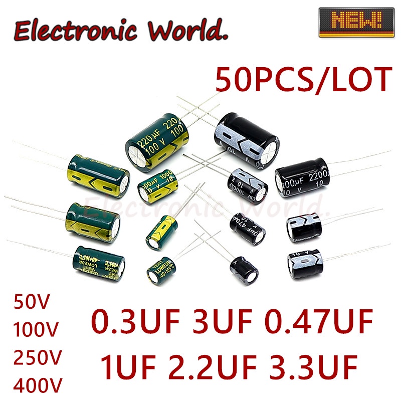 ตัวเก็บประจุอลูมิเนียมไฟฟ้า 50V 100V 250V 400V 0.33 0.47UF 1UF 2.2UF 3.3UF 50 ชิ้น ต่อชิ้น