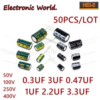 ตัวเก็บประจุอลูมิเนียมไฟฟ้า 50V 100V 250V 400V 0.33 0.47UF 1UF 2.2UF 3.3UF 50 ชิ้น ต่อชิ้น