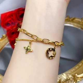 สร้อยข้อมือ ชุบทอง 18K จี้ใบโคลเวอร์สี่แฉก สองชั้น นําโชค แฟชั่นสําหรับผู้หญิง ของขวัญ