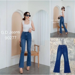 G.D.Jeans รุ่น 90277#กางเกงยีนส์แฟชั่นขายาวผ้ายืดสียีนส์ฟ้าทรงขาม้าผ่าข้างปลายขาพร้วมติดดุมทอง