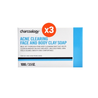 [ชุด 3 ก้อน] ชาร์โคโลจี สบู่ก้อนโคลนถ่านไม้ไผ่สูตรลดสิว Charcoalogy Acne Clearing Face and Body Clay Soap 100 g. X3