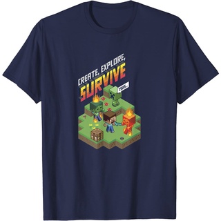 เสื้อยืดผ้าฝ้ายพรีเมี่ยม เสื้อยืด พิมพ์ลาย Minecraft Group Shot Create Explore Survive